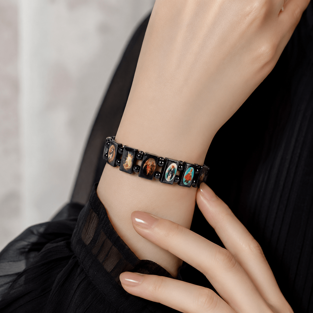Unisex Natural Hematite Saint Icon Vintage Beaded Bracelet